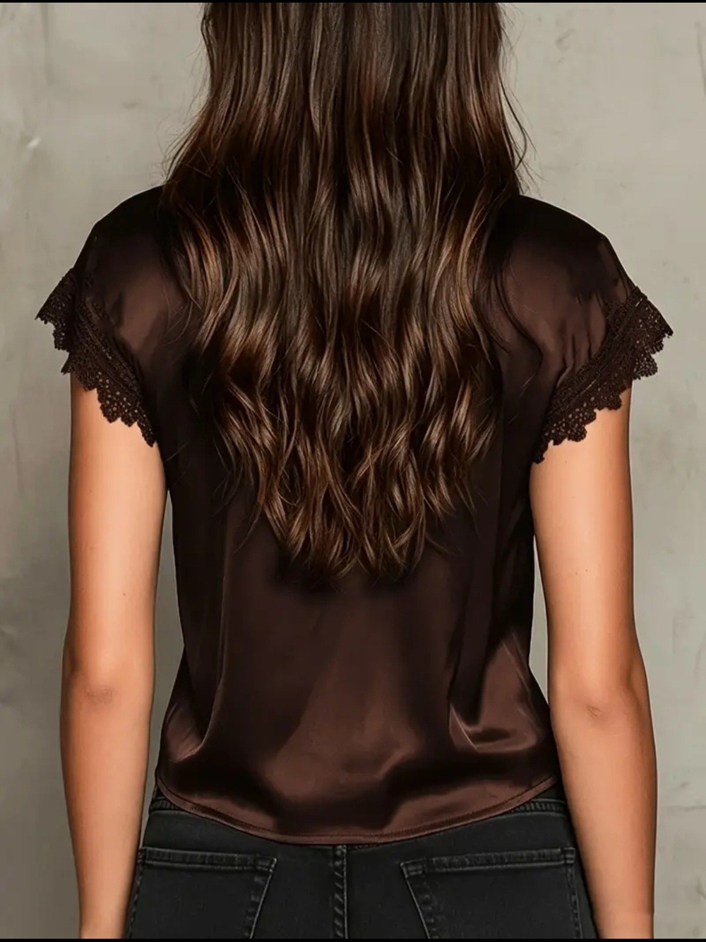 Lace-Trim V-Neck Top in Chocolate - Picture 2 of 8